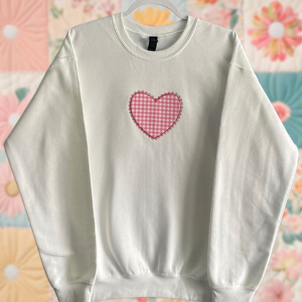 Heart Patchwork Pink Gingham Red Lace Embroidered Medium Crewneck Sweatshirt